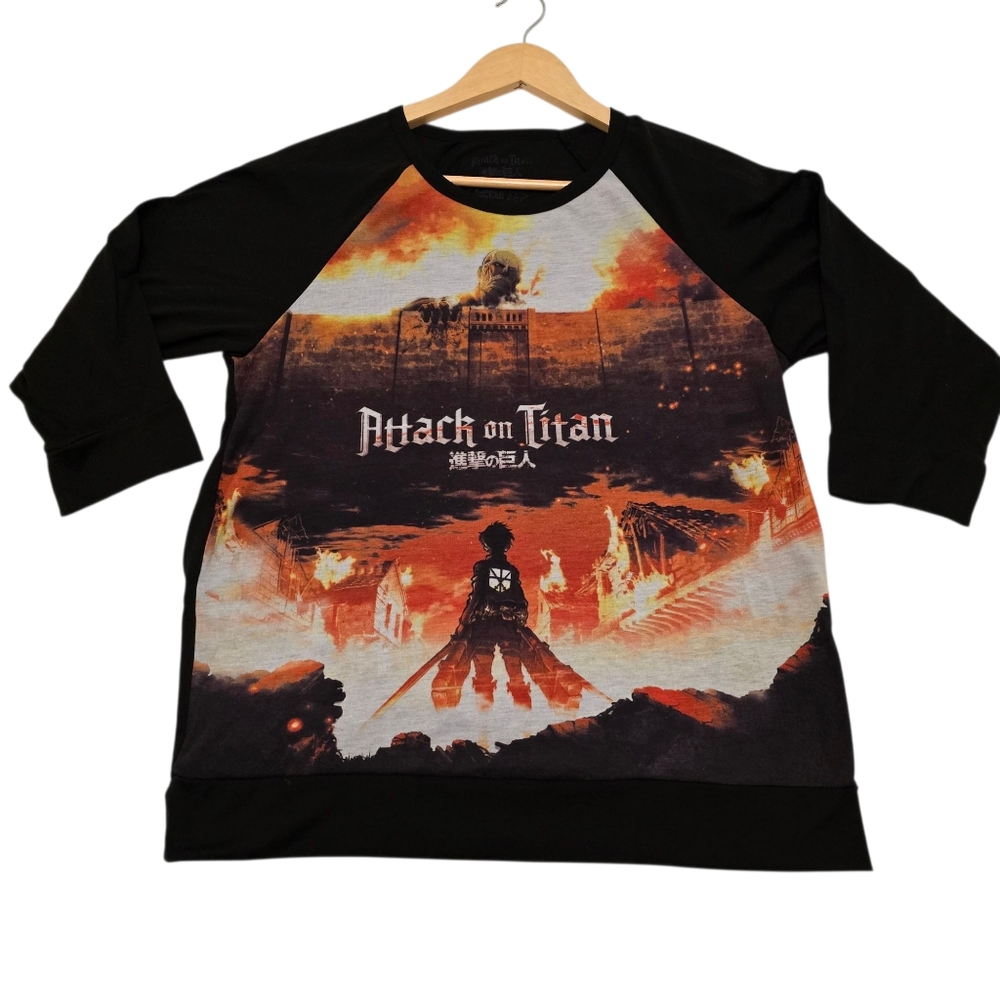 Attack on Titan Womens 3/4 Sleeve Black/White Shirt, Ripple Junction, Szn 1 Sz L